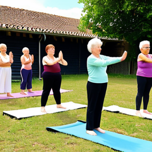 Home 15 **
A vibrant, community sports club scene in a typical French town (village). Focus on the multi-generational aspect. Show a group of senior citizens participating in a yoga class outdoors on the club grounds, alongside younger children playing football nearby. Include elements like a small vegetable garden or a community bulletin board with local announcements to emphasize the club's role as a social hub. The overall feeling should be welcoming, inclusive, and promote healthy living. Warm, sunny lighting.
**
