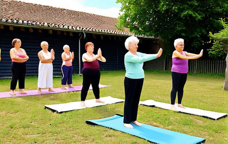 **

A vibrant, community sports club scene in a typical French town (village). Focus on the multi-generational aspect. Show a group of senior citizens participating in a yoga class outdoors on the club grounds, alongside younger children playing football nearby. Include elements like a small vegetable garden or a community bulletin board with local announcements to emphasize the club's role as a social hub. The overall feeling should be welcoming, inclusive, and promote healthy living. Warm, sunny lighting.

**