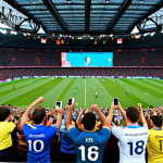 ** A dynamic stadium scene depicting a diverse crowd of fans enthusiastically engaging with a sports event. Incorporate elements of personalized experiences, such as fans wearing customized jerseys or interacting with augmented reality features through their smartphones. The stadium should have modern digital displays showcasing interactive content. Emphasize a vibrant and immersive atmosphere. Consider focusing on a Rugby match scene as it is popular in France.

**