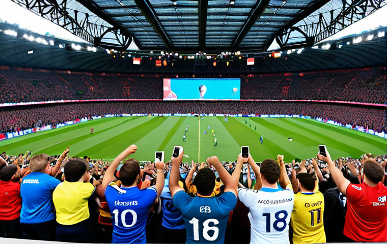 ** A dynamic stadium scene depicting a diverse crowd of fans enthusiastically engaging with a sports event. Incorporate elements of personalized experiences, such as fans wearing customized jerseys or interacting with augmented reality features through their smartphones. The stadium should have modern digital displays showcasing interactive content. Emphasize a vibrant and immersive atmosphere. Consider focusing on a Rugby match scene as it is popular in France.

**