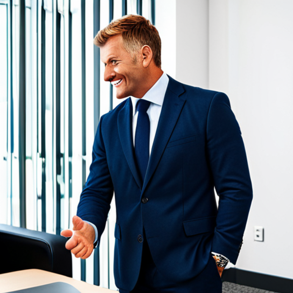 Sports Management Negotiation**
"A professional sports agent, fully clothed in a stylish business suit, shaking hands with a football club manager in a modern office setting after a successful negotiation, appropriate attire, safe for work, perfect anatomy, correct proportions, well-formed hands, proper finger count, natural body proportions, professional lighting, family-friendly."
**