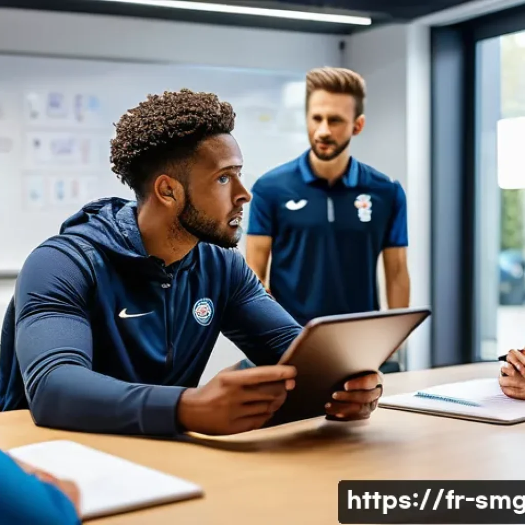 스포츠경영관리사 자격증과 HR 관리 - A dynamic and diverse sports team meeting in a modern training facility in France, featuring a confi...