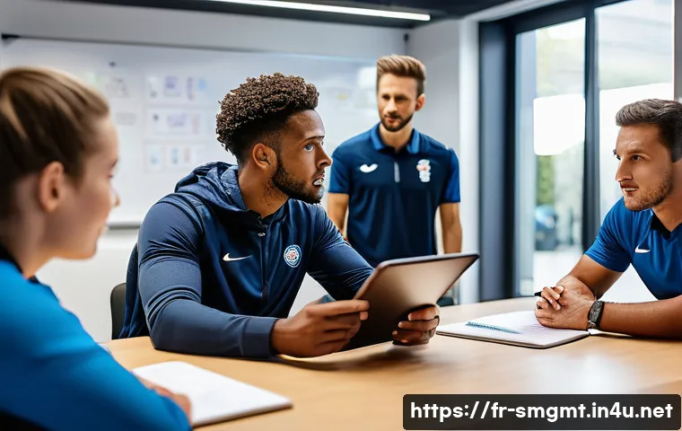 스포츠경영관리사 자격증과 HR 관리 - A dynamic and diverse sports team meeting in a modern training facility in France, featuring a confi...