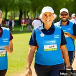 Home 19 스포츠경영관리사와 대회 운영 실무 - A vibrant outdoor sports event scene in a French regional park, showcasing diverse volunteers and st...