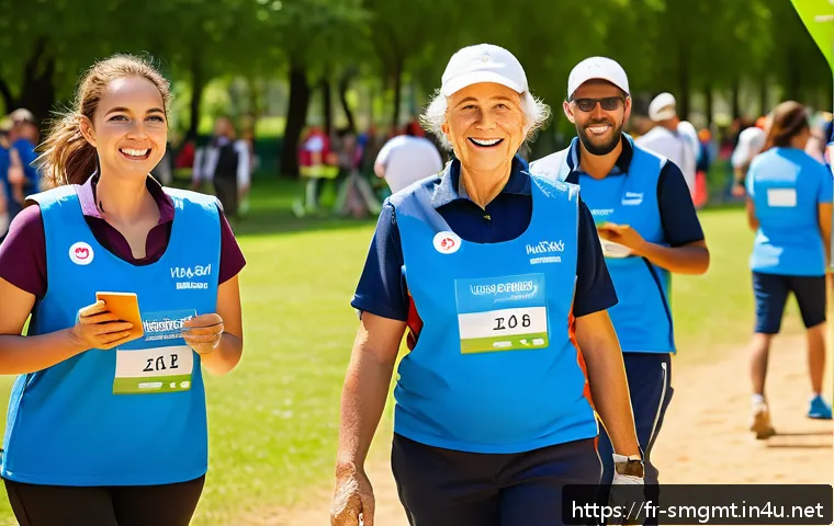 스포츠경영관리사와 대회 운영 실무 - A vibrant outdoor sports event scene in a French regional park, showcasing diverse volunteers and st...