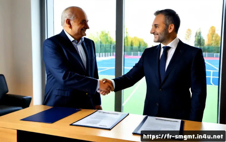 스포츠경영관리사 연봉 협상 성공 스토리 - Photorealistic sports management salary negotiation success, confident French sports administrator i...